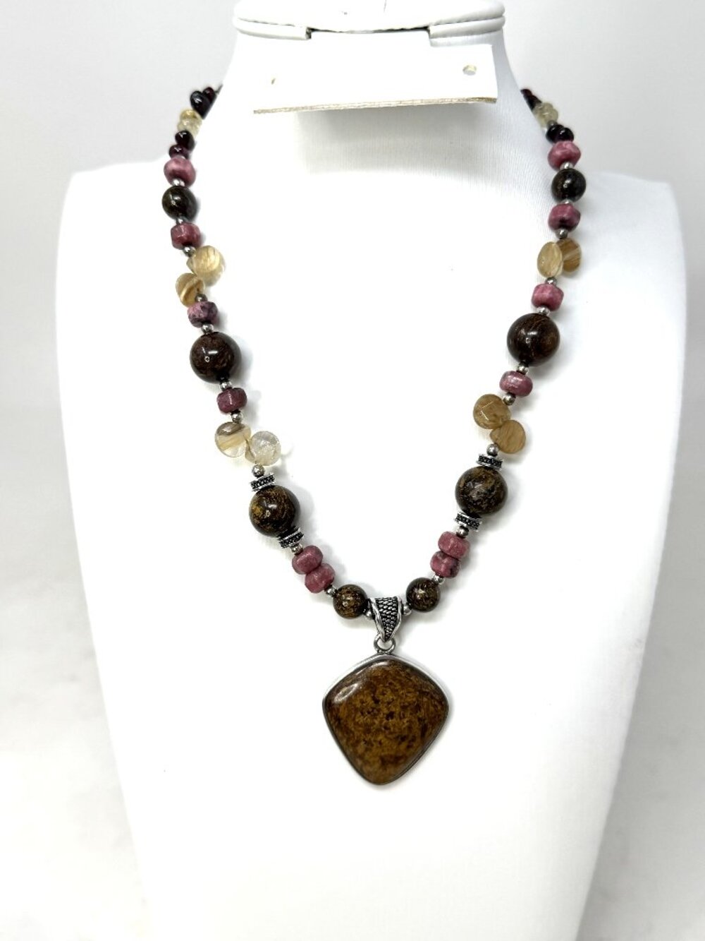 BARSE Thai 925 Sterling Silver Natural Stone Beaded Necklace Brown Pink Pendant